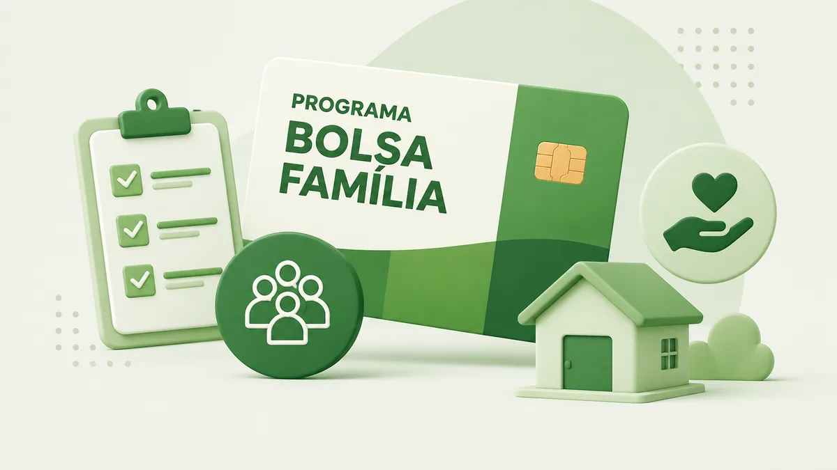 Ilustração representando o Programa Bolsa Família: cartão do benefício, prancheta de cadastro, casa e símbolo de apoio familiar