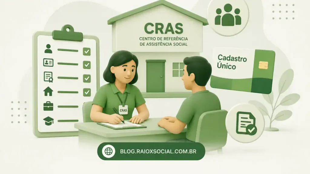 Ilustração representando o atendimento no CRAS para atualização do Cadastro Único, com prancheta de conferência e cartão do programa