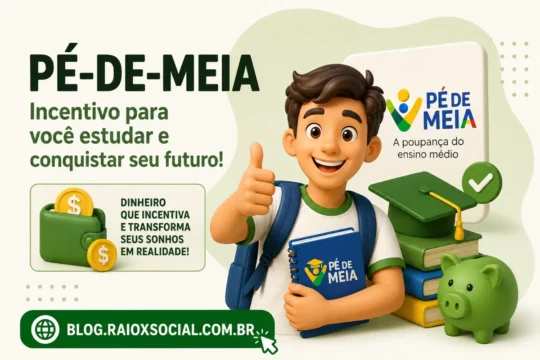 Estudante do ensino médio público usando smartphone para consultar benefício social Pé-de-Meia online