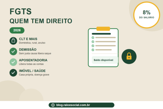 Infográfico sobre quem tem direito ao FGTS em 2026, mostrando que trabalhadores CLT, domésticos, rurais e avulsos têm direito, o depósito de 8% do salário, e as hipóteses de saque como demissão sem justa causa, aposentadoria, compra de imóvel e doença grave