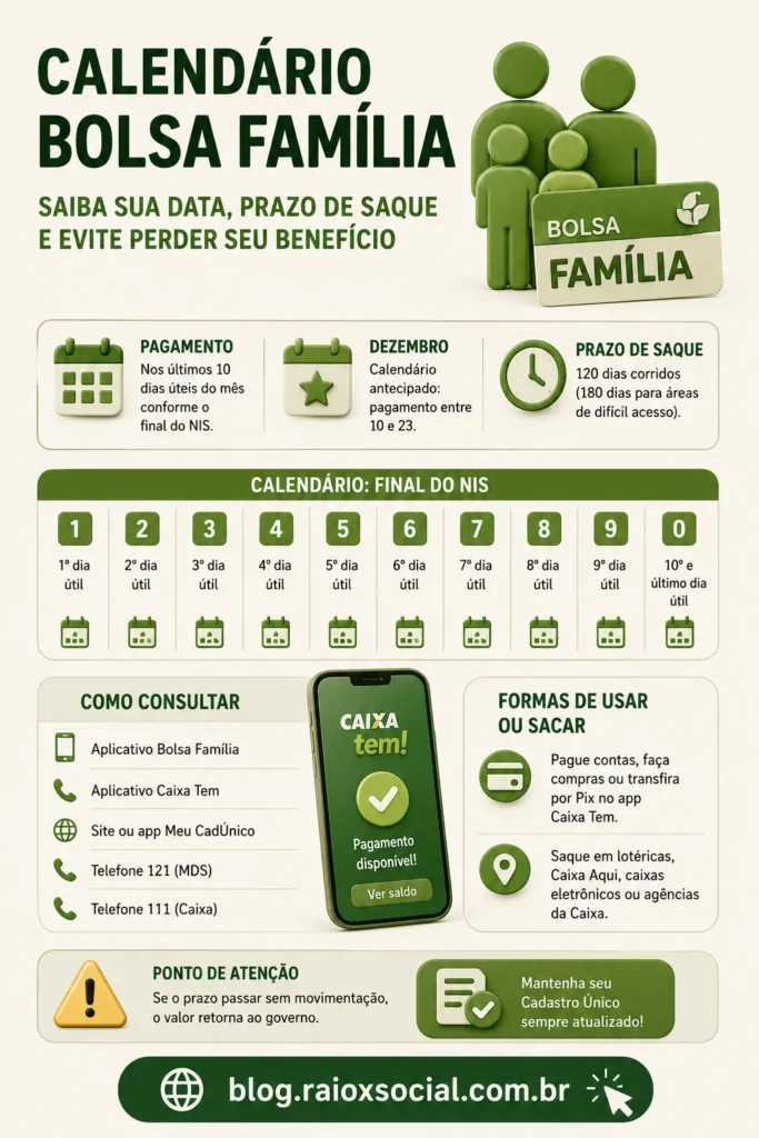 calendário em formato de infográfico sobre as datas de pagamento do bolsa familia para 2026