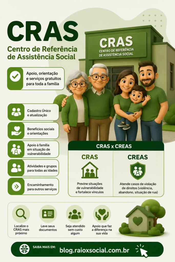 infográfico com informações sobre o que é o CRAS, o que significa e diferença entre CRAS e CREA