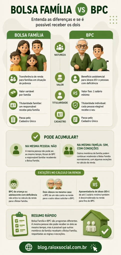 Infográfico mostrando as diferenças entre Bolsa Família e BPC e se é possível pegar os dois.