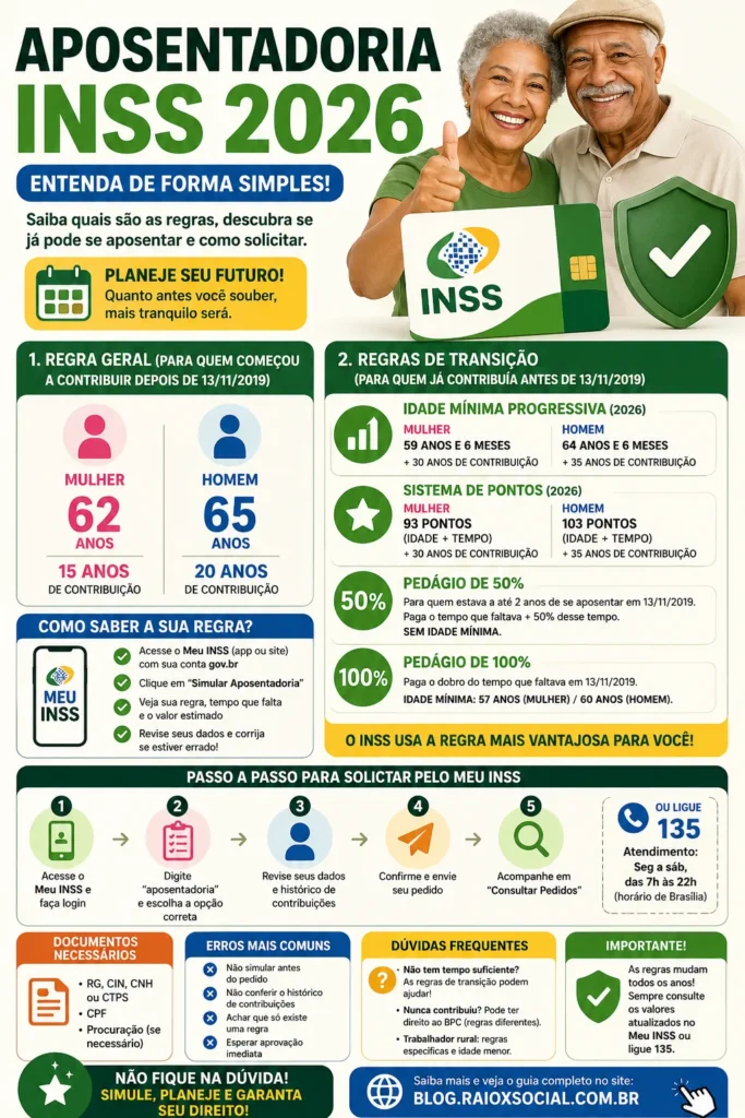 infografico completo com infrmações atualizadas sobre as regras, critérios do INSS para a aposetnadoria. entenda de forma simples.