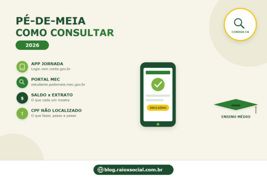 infográfico sobre como consultar o Pé-de-Meia pelo app Jornada do Estudante ou pelo portal estudante.pedemeia.mec.gov.br, mostrando a diferença entre saldo e extrato e o que fazer se o CPF não for localizado