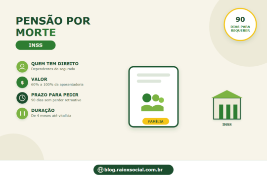 infográfico sobre pensão por morte do INSS: dependentes do segurado, valor de 60% a 100% da aposentadoria, prazo de 90 dias para requerer sem perder retroativo, e duração de 4 meses a vitalícia